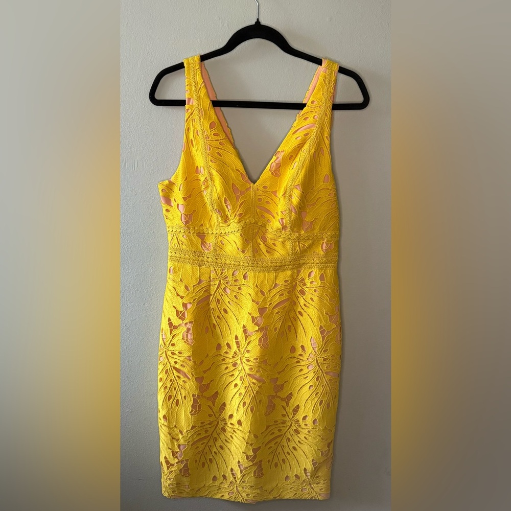 Anthropologie Maeve Yellow Gardenia Lace Overlay Sheath Dress Size 10